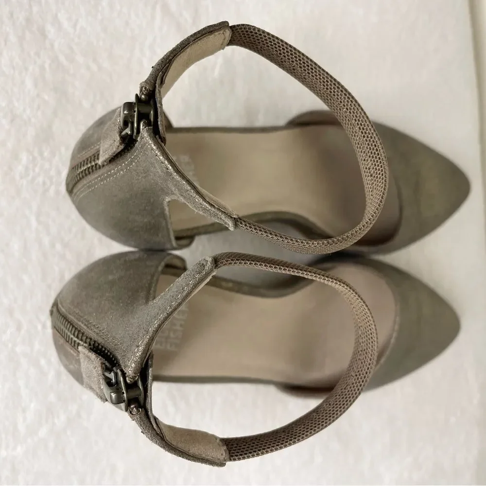 Eileen Fisher Heels Metallic Leather Ankle Strap Zip Back Pumps Gold Size 7.5